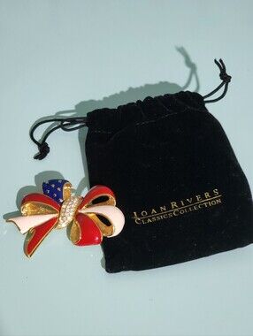 Joan Rivers Patriotic Enamel Ribbon Bow Brooch in Red, White & Blue w Gold Stars